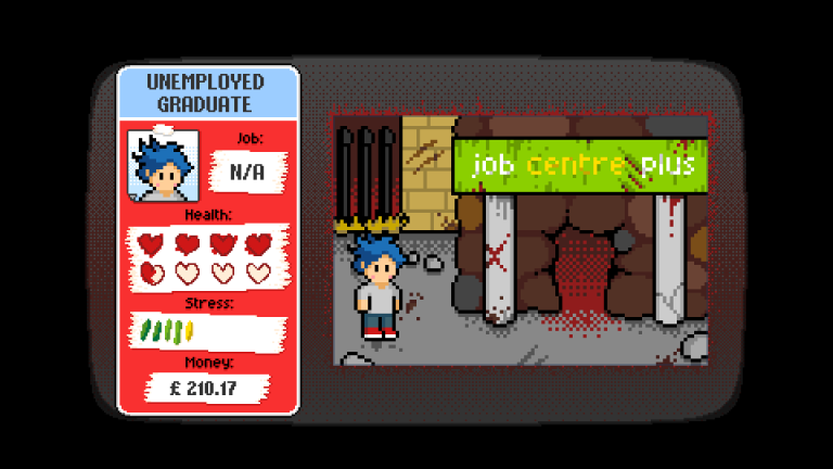 Pixel art game screen showing a character labelled “Unemployed Graduate” with blue hair and no current job. A status panel on the left, in red and blue, displays health with four and a half hearts, a moderate stress meter, and £210.17. On the right, the character stands outside a damaged “job centre plus” building with cracked walls, broken columns, blood stains, and debris, creating a dark, dystopian atmosphere.
