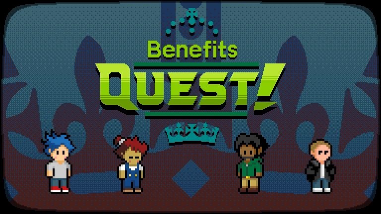 Pixel art title screen for a game called “Benefits Quest!” featuring large green lettering centred against a blue patterned background with crown motifs. Four stylised characters stand along the bottom of the screen, including a blue-haired character in a white shirt, a red-haired character in overalls, a dark-skinned character in a green hoodie, and a blond character in a black jacket. The retro-inspired design uses bright colours and a dotted texture reminiscent of classic video games.